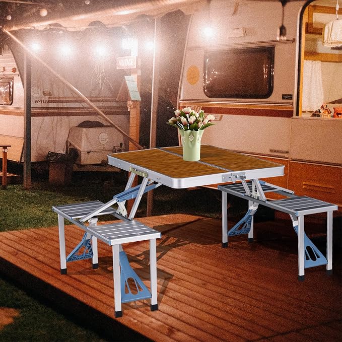 Picnic Table Folding Portable 4-Person Fold Up Travel Camping Table for Indoor, Outdoor Travel, Patio, Lawn, Garden (Bamboo Table)