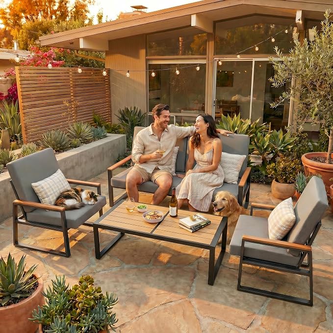 Gizoon 4-Piece Outdoor Patio Furniture Set with Coffee Table and Removable Cushions, Metal Patio Conversation Set for Family, Yard, Poolside (Gray)