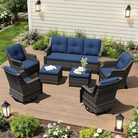 Outdoor Patio Furniture Set, 7 Piece Wicker Patio Furniture with Thick Cushions, Curved Armrest, Deep Seating, Rattan Outdoor Chairs for Porch, Deck, Balcony