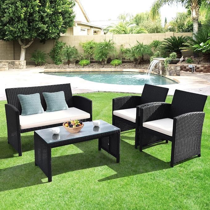 Goplus 4-Piece Rattan Patio Furniture Set, Outdoor Wicker Conversation Sofa with Weather Resistant Cushions and Tempered Glass Tabletop for Lawn Backyard Pool Garden (White(Black Wicker))