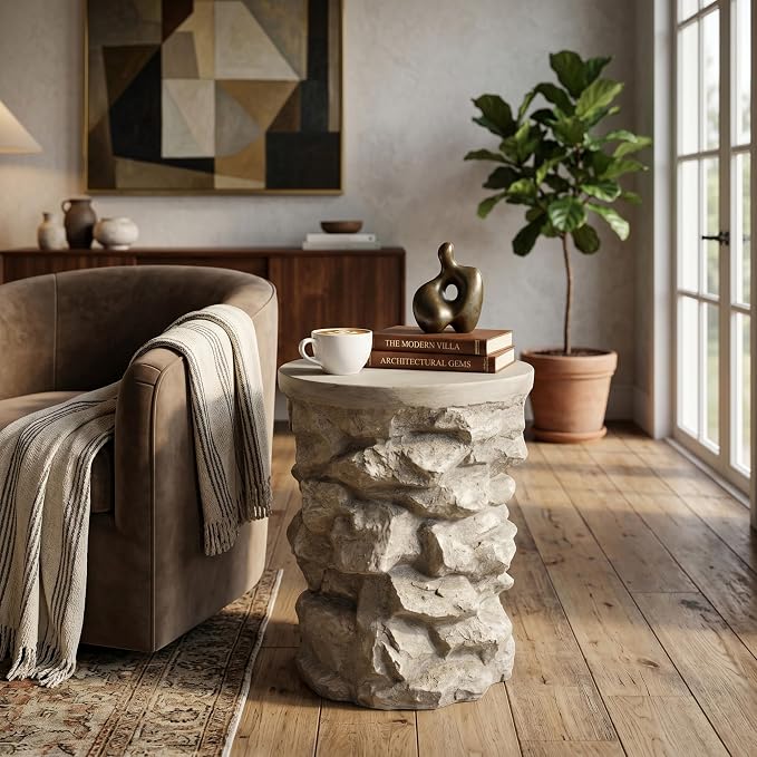 Round Outdoor Concrete Side Table, Cylinder Patio End Table, Faux Stacked Stone Accent Table with Wave for Indoor Outdoor, Garden Stool Coffee Table for Patio, Garden, Backyard - 16.42" Grey MgO