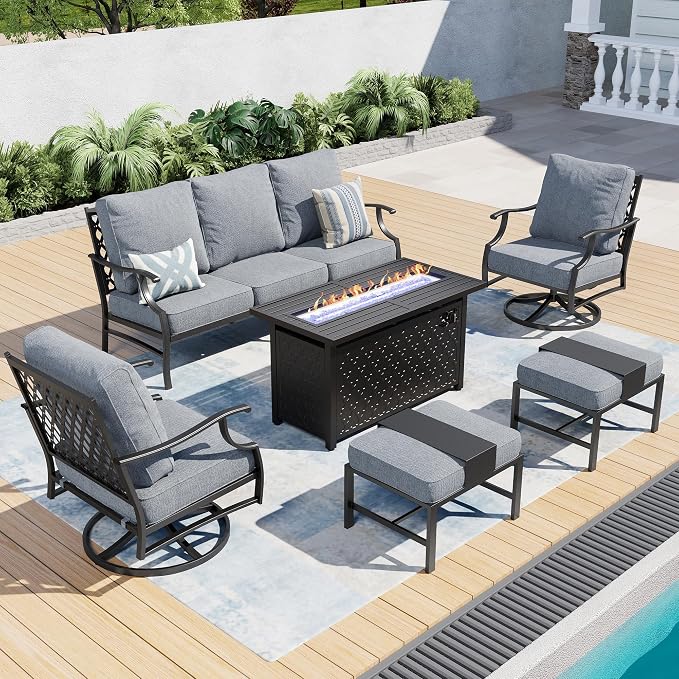 SUNSHINE VALLEY 6 Piece Metal Outdoor Patio Furniture Set with Firepit Table, Patio Conversation Set 1 3-seater Sofa, 2 Swivel Chair, 2 Ottoman with 5.75" Thick Cushion, Black Backyard Furniture, Gray