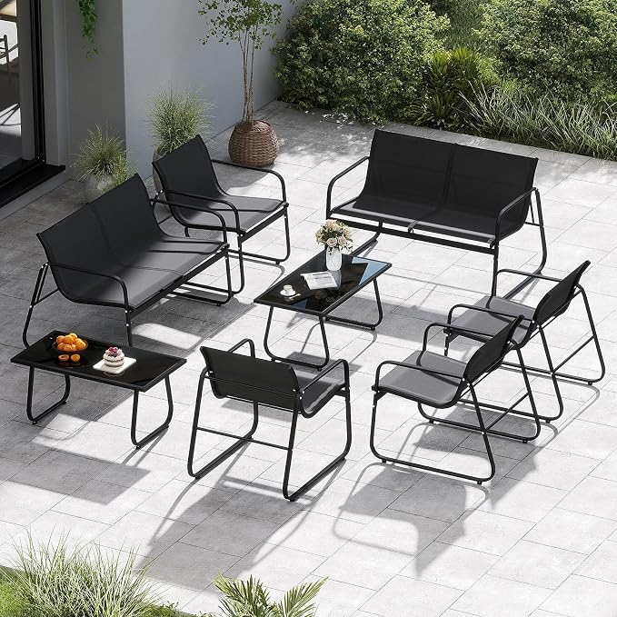 Tangkula 8 Piece Patio Furniture Set, Outdoor Metal Conversation Chair & Coffee Table Set with Mesh Seat Fabric & Tempered Glass Tabletop, Outside Bistro Set for Backyard, Porch, Poolside (Black)