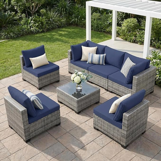 7-Piece Outdoor Patio Furniture Set, Grey PE Rattan Weaving Sofa with Navy Blue Cushions and Steel Frame, Coffe Table Included, Outdoor Conversation Set for Balcony, Porch, Backyard