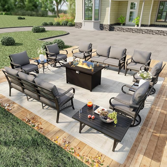 12 Pieces Patio Conversation Sets, All Weather Metal Outdoor Furniture Set 3-Seater 4 Swivel Rockers with 2 Side Tables 2 Single Chairs 1 Loveseat with Coffee Table and Fire Pit Table, Gray