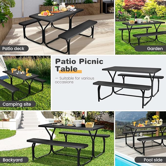 COSTWAY Outdoor Picnic Table, HDPE Plastic Picnic Table Bench Set with Weather Resistant Tabletop & Wood Texture, Ideal for Patio, Backyard (59" D x 54" W x 28.5" H,Black)