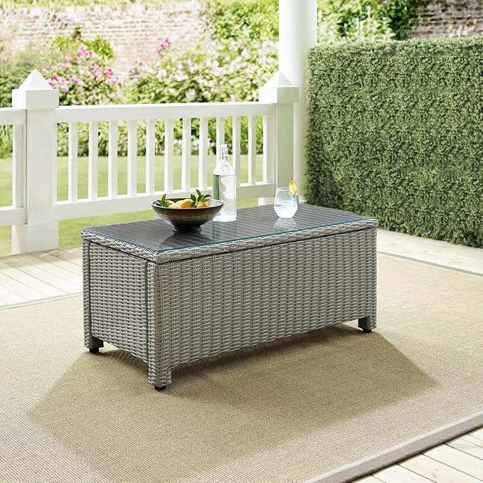 HomeStock Gothic Glamour Outdoor Wicker Coffee Table Gray, Tempered Glass Table Top, Adjustable Levelers on Legs, 17.75" H x 40" L x 21" D