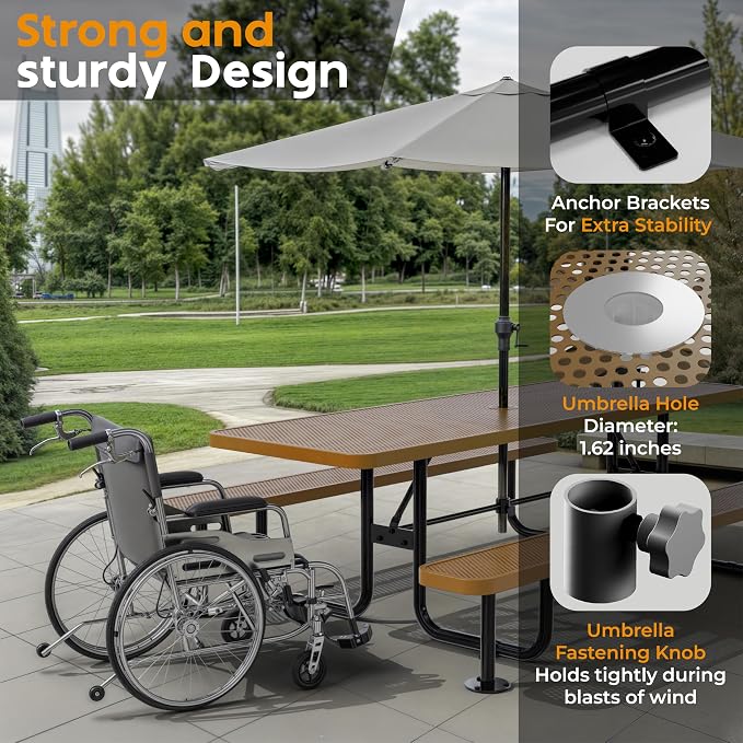 Commercial Heavy-Duty Metal Picnic Table - ADA Compliant, Adjustable Seats, Umbrella Hole (Brown, 8' Rectangular, Punched Steel)
