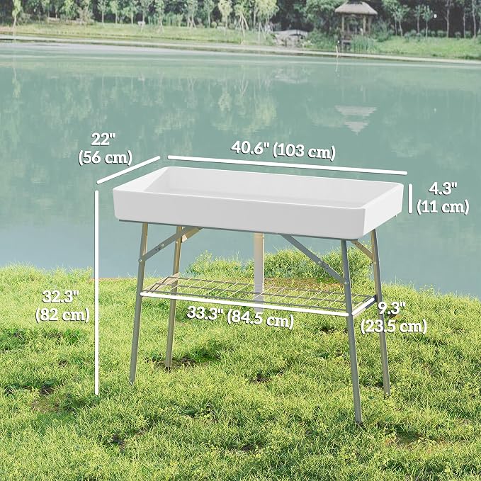 Outsunny 3.4ft Folding Ice Cooler Table with Drain, Fill and Chill, Outdoor with Storage Shelf, Drink Cooler for Parties Picnic BBQ Camping Wedding, White