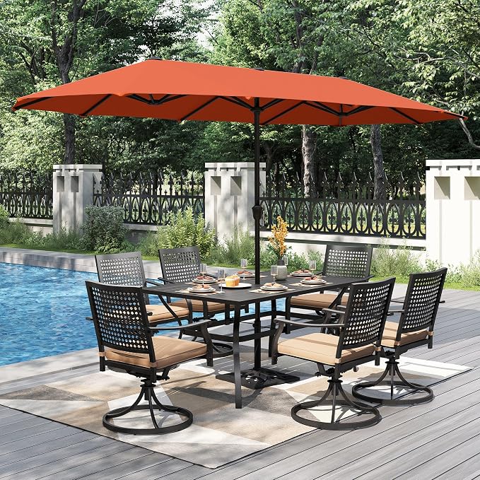 PHI VILLA Outdoor Table Chairs Set for 6, Patio Metal Furniture w/Umbrella | 60" wrought iron rectangle table & swivel chairs w/ cushions. 13ft red umbrella. 7 pcs furniture set for deck, porch
