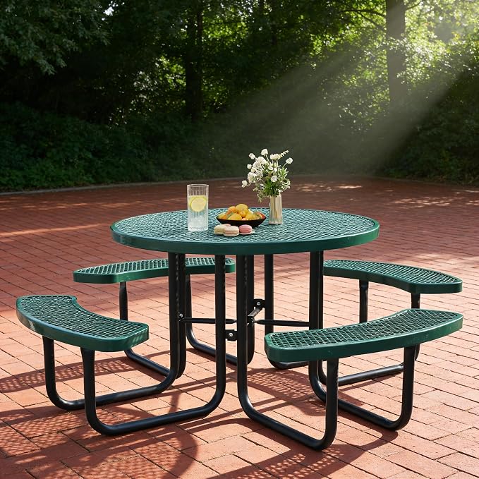 46" Round Picnic Tables for Outdoors,Commercial Metal Picnic Table Bench Set W/ Umbrella Hole,Restaurant School Canteen Tables W/Seats - Heavy Duty Sturdy Picnic Tables for Patio Garden Coffee Shop