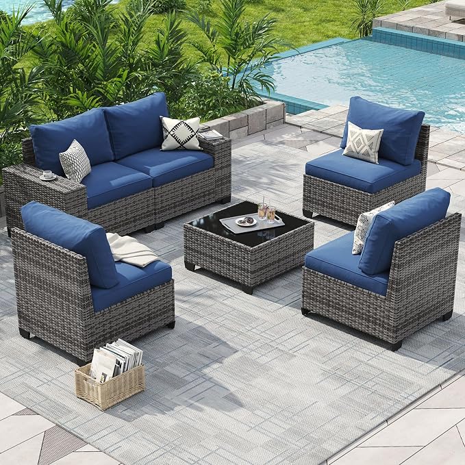Aoxun 6-Piece Patio Sectional Sofa with 4" Thicken Cushion, Widen Armrests Wicker with Coffee Table for Backyard & Garden, Navy Blue