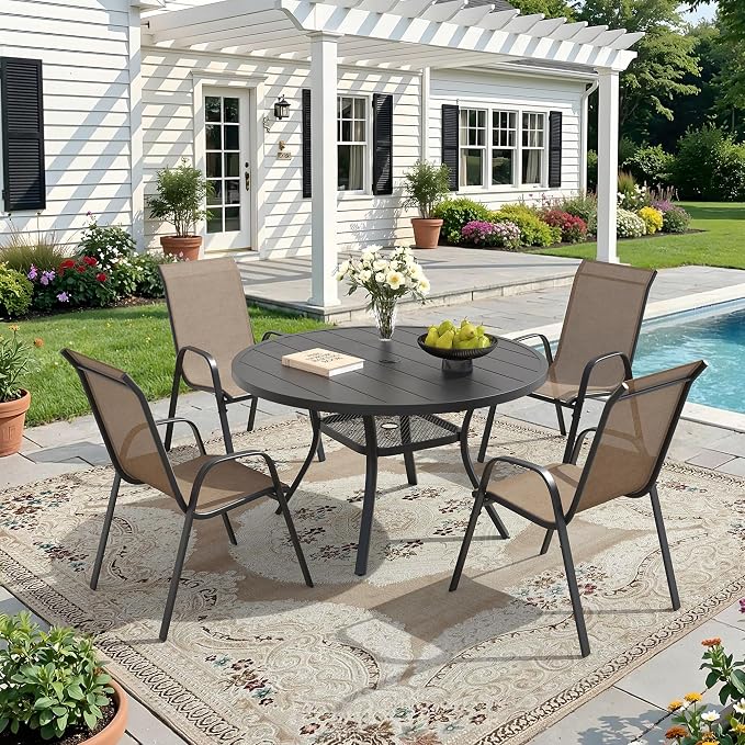 DIFY 5 Piece Outdoor Dining Set, 40" Black Round Metal Patio Table and Brown Textilene Stackable Chairs for 4, All Weather Patio Furniture Set with Umbrella Hole for Backyard Garden Deck