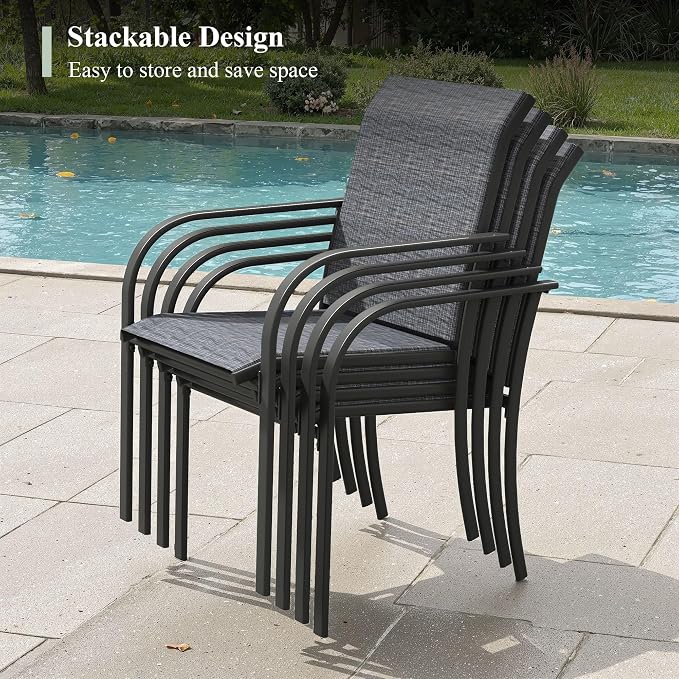 11 Pieces Outdoor Dining Set, Stackable Textilene Paito Chairs & 63" Round Dining Table with Umbrella Hole, Patio Dining Set for Backyard, Deck, Garden, Grey