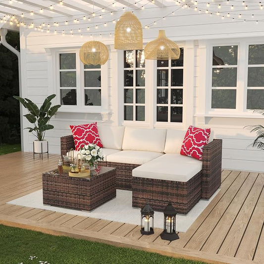 Garvee 5 Pieces Patio Furniture Set, Outdoor Glass Table and Cushions with Rattan Wicker Chairs, Patio Furniture Set for Porch, Balcony, Backyard, Garden, Brown & Beige