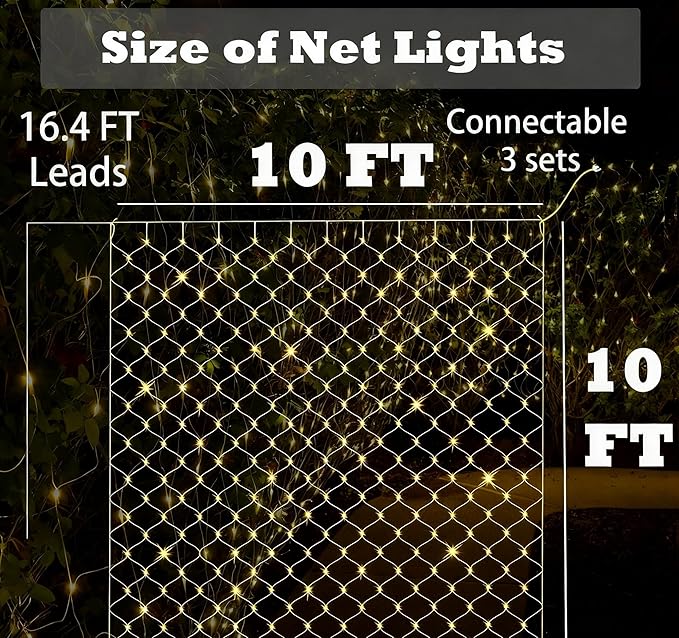 Leisure world 10ft x 10ft 270 LED Net Lights Mesh Fairy String Decorative Outdoor Warm White 8 Modes Net with Remote, Timer for Wedding Christmas Trees, Bushes, Garden, Outdoor Decorations