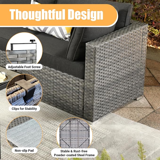 Weaxty 8 Piece Outdoor Sectional with Fire Pit Table, All Weather Wicker Patio Furniture Set with Swivel Rocker Chair Coffee Table, Thick Cushion Couch Conversation Sets for Garden Deck Backyard Black