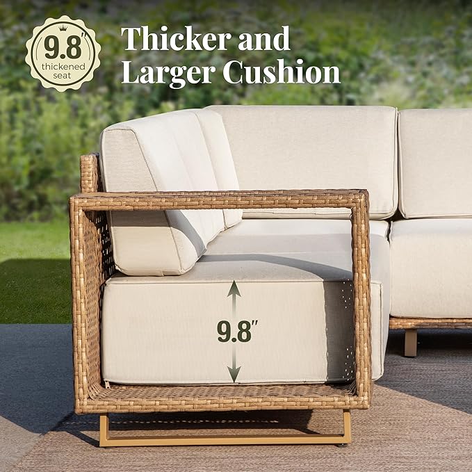 MIXPATIO Patio Furniture Set with Swivel Chairs & Outdoor Fire Pit Table, 9 Pieces Yellow Rattan Wicker Conversation Sets, Deep Seating Sofa with 10" Thick Cushions, Low Profile Deck Lawn Furniture