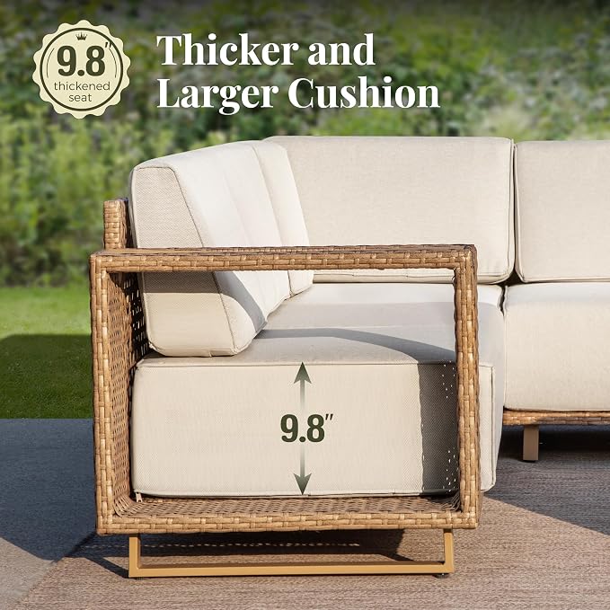 MIXPATIO Patio Furniture Set with Swivel Chairs & Outdoor Fire Pit Table, 7 Pieces Yellow Rattan Wicker Conversation Sets, Deep Seating Sofa with 10" Thick Cushions, Low Profile Deck Lawn Furniture