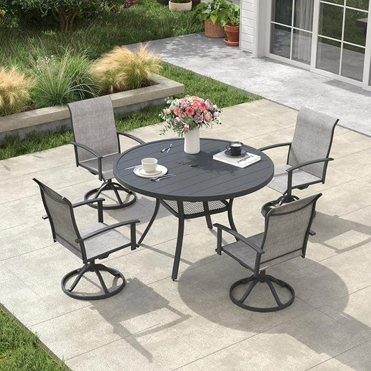 VICLLAX Outdoor Table and Chairs Set for 4, Patio Dining Set of 40.7" Metal Round Patio Table with Umbrella Hole & 4 Swivel Outdoor Dining Chairs for Backyard Lawn, Grey & Dark Grey