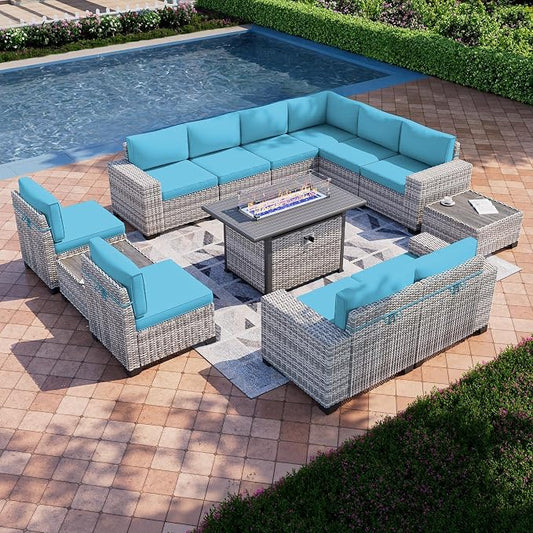 13-Piece Outdoor Patio Furniture Set with 55,000 BTU Fire Pit Table, PE Wicker Rattan Sectional Sofa Patio Conversation Set with Thickened Cushions & Coffee Table, Turquoise