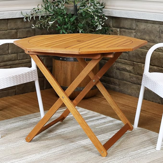Sunnydaze Meranti Wood Folding Outdoor Table with Umbrella Hole - Foldable Patio Table for Dining & Gatherings - Teak Finish - Octagon