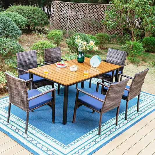Sophia & William 7pc Patio Dining Set, Wood-Like Metal Table, Wicker Chairs | All Weather Patio Table and Chairs Set for 6, Perfect for backyard, deck, porch