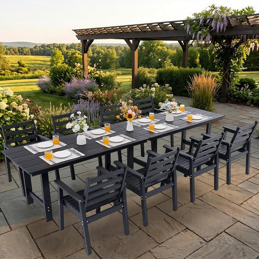 10-Piece Outdoor Dining Set, All-Weather HDPE Patio Furniture, Two 66.5" Slatted Table with 1.6" Umbrella Hole & 8 Ergonomic Armchairs, Heavy Duty 350lbs Capacity, UV Resistant, Black