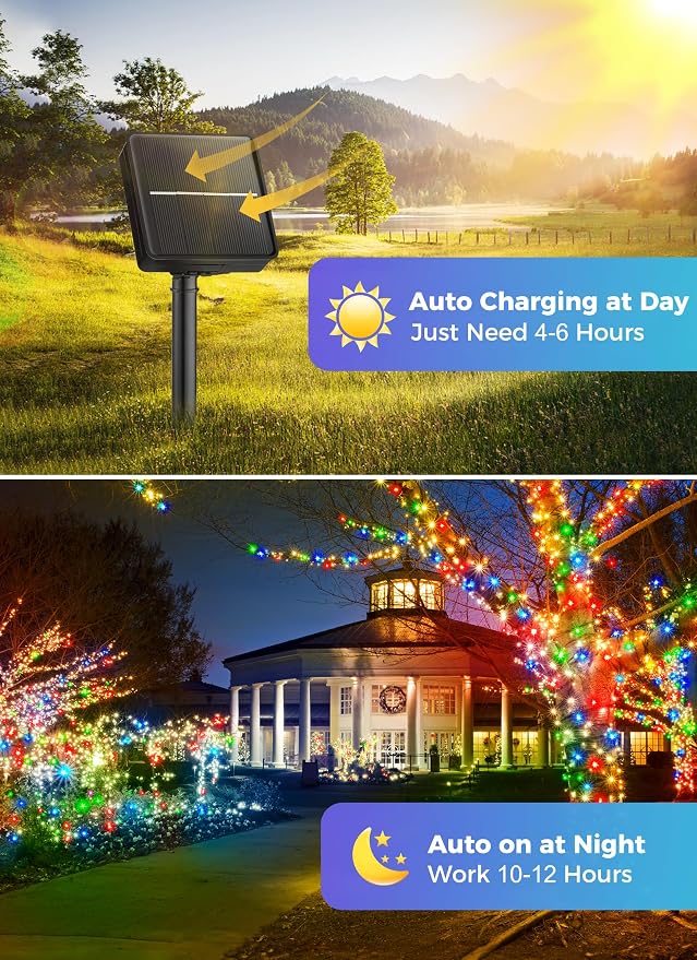Minetom Solar String Lights Outdoor, 40FT 100 LED Christmas String Lights | Solar Christmas Lights Outdoor with 8 Lighting Modes, Waterproof Color Solar String Lights for Outside Tree Yard, Multicolor
