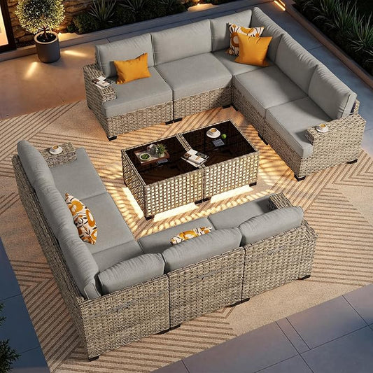 CAODOC Patio Furniture Sets 12 Pieces Outdoor Sectional Rattan Sofa Manual Weaving Wicker Patio Conversation Set with Ottomans and T Cushion(Dark Gray)