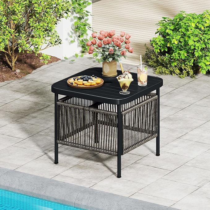 HAPPYGRILL Outdoor Side Table with Umbrella Hole 1.57”, Square Rattan Wicker Coffee Bistro End Table Umbrella Stand, for Backyard Poolside Garden (2)