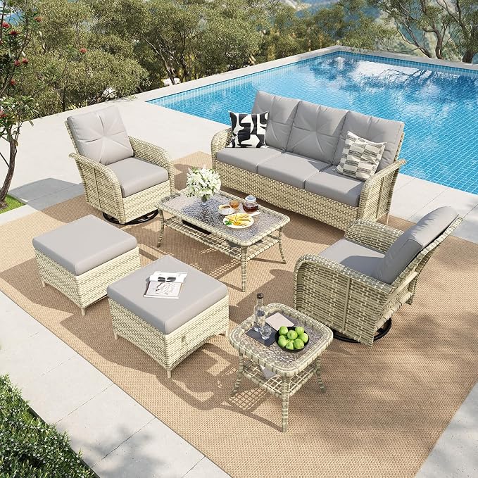 LazySunsets 9-Piece Outdoor Patio Furniture Set with Coffee Table, Wicker Rattan Outdoor Furniture with High Back Swivel Rocker Chairs, Outdoor Conversation Sets with Thick Cushions & Ottoman, Grey