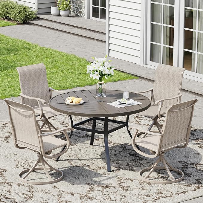 5 Pieces Patio Furniture Dining Set, 4 Textilene Swivel Dining Chairs, 41" Outdoor Round Metal Table with Storage Shelf and 1.57" Umbrella Hole, Outdoor Dining Set for Porch, Lawn, Grey/Sand
