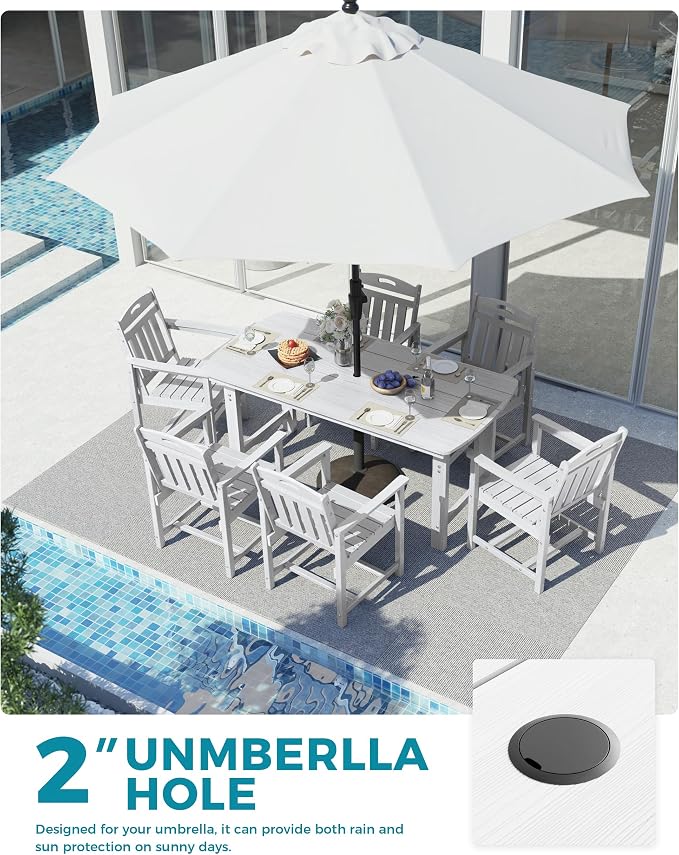 Ciokea HDPE Outdoor Dining Set, 7-Piece Patio Table and Chairs Set with Umbrella Hole, All-Weather Patio Dining Sets for 6, Durable Patio Furniture for Backyard, Garden, Lawn & Poolside, White