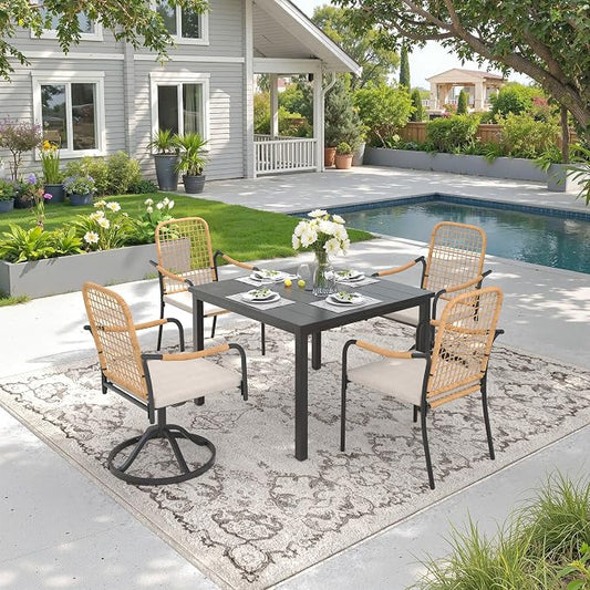 DIFY 5 Pieces Outdoor Dining Set for 4, 40.2" Black Square Metal Table with 2 Stackable Wicker Patio Chairs & 2 Swivel Chairs, Patio Furniture Set with Cushions and Umbrella Hole, Wheat Rattan