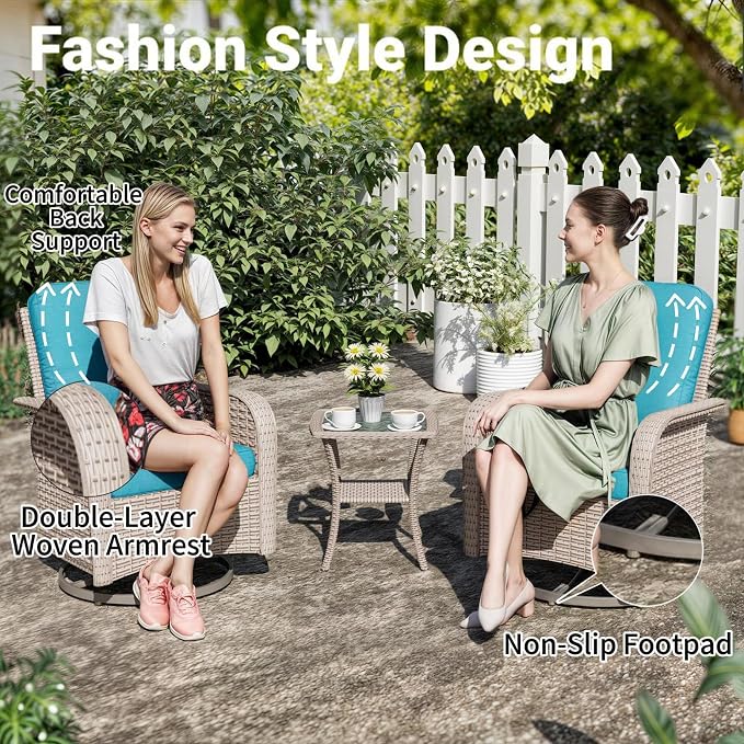 16 Pieces Patio Furniture Set with Fire Pit Table, Outdoor Sectional Wicker Sofa with Thick Cushions, High Back Swivel Rocker Patio Chairs, Rattan Conversation Set with Coffee Table, Cyan