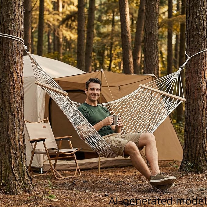 79x32in Anti-Rollover Mesh Hammock, Wood Bar, 300LB, White | Anti-rollover wood bar, 300LB mesh hammock. Breathable, foldable. For camping, patio & bedroom. Fits trees & stands。