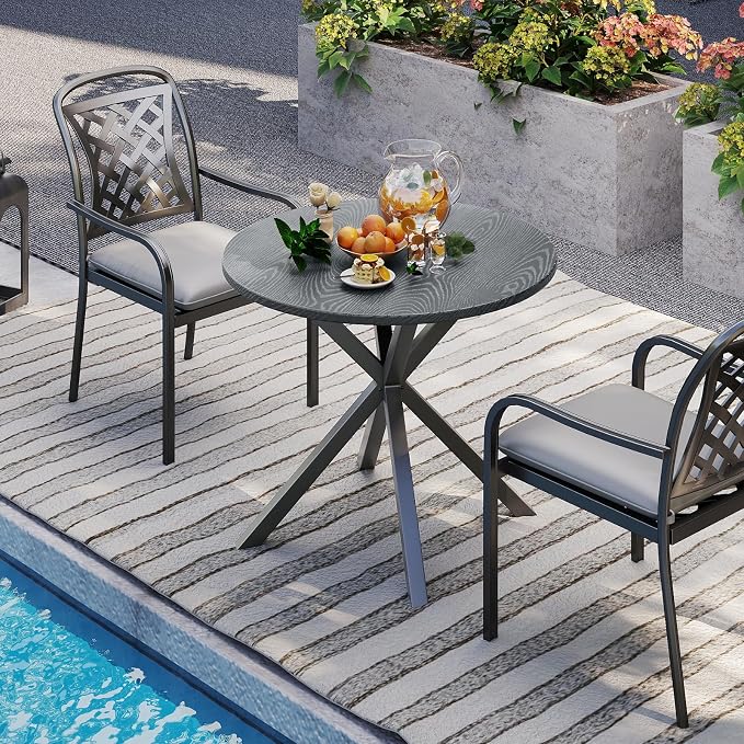 34” Round Dining Table, 4 Person Kitchen Table with Wood-Like Tabletop & X-Shaped Metal Frame, Indoor-Outdoor Coffee Table for Backyard, Balcony, Poolside, Garden, Lawn