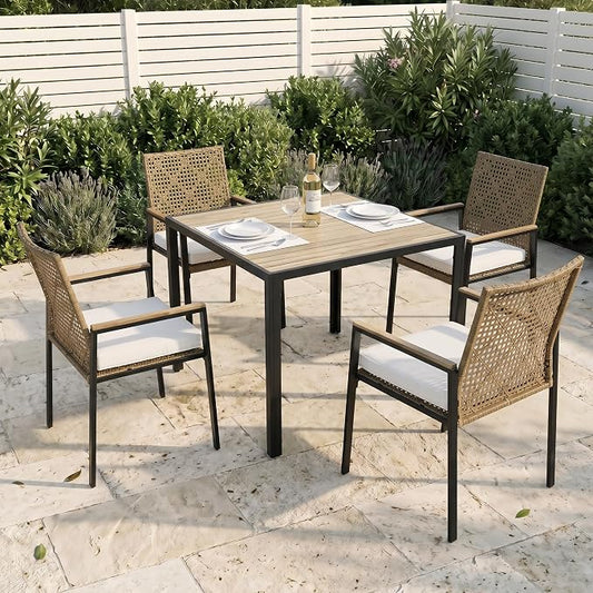 BEEFURNI Wicker Patio Furniture Dining Set, Outdoor Patio Table and Chairs Set, Rattan Outdoor Furniture Set, Acacia Wood Table, Chairs, Weather Proof Set for Porch, Backyard (Brown) (Brown, 5 PCS)