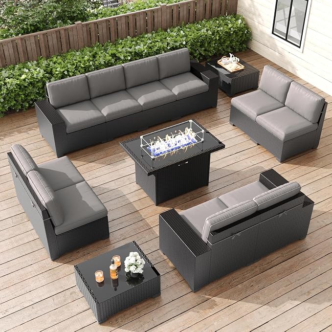 LayinSun 13 Pieces Patio Furniture Set with Fire Pit Table, Black Rattan Modular Sectional Patio Conversation Sofa Set