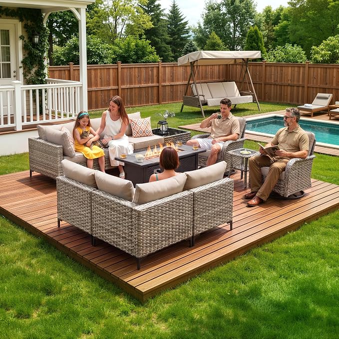 CAODOC 11-Piece Outdoor Sectional Sofa Set w/ 54" Fire Pit – L-Shaped Wicker Patio Furniture, Deep Seating & Swivel Rockers,Beige