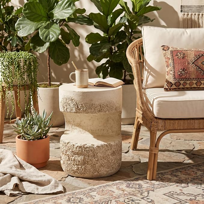 Merax Outdoor Patio Side Table, Modern Organic MGO Round Accent Side Table, 20.25" Height Small End Table with Beige Tone Travertine-Look Textured for Poolish Garden Balcony