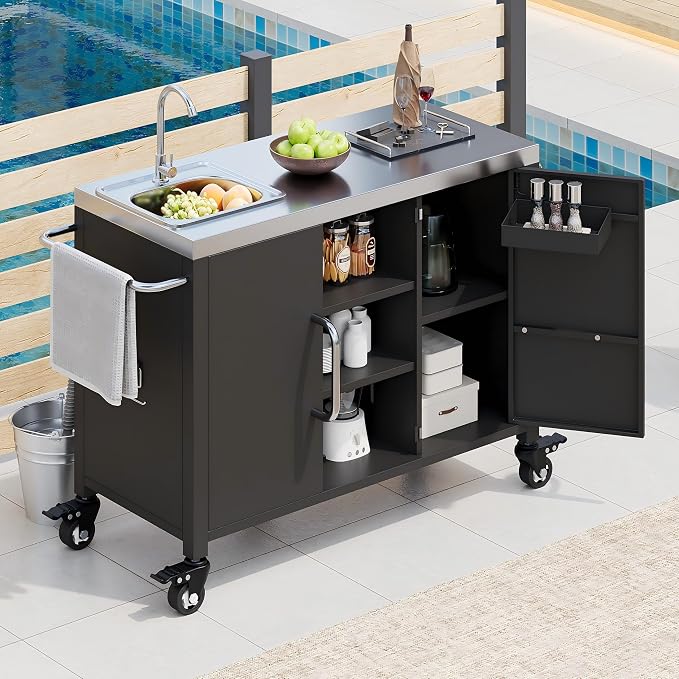 RUNNA Outdoor Kitchen Island with Sink, Metal Grill Cart Table with 304 Stainless Steel Sink, Outdoor Bar Cart Sink Station with 4 Lockable Wheels for Pizza Prep & BBQ, L 55.5" x W 20" H 36.7"