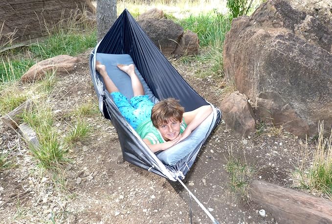 Hammock Bliss Sky Bed - Hangs Like A Hammock, Sleeps Like A Bed - Asymmetrical Design Hammock Tent with Integrated Inflatable Pad Sleeve for a Lay Flat & Insulated Camping Hammock Sleeping Experience