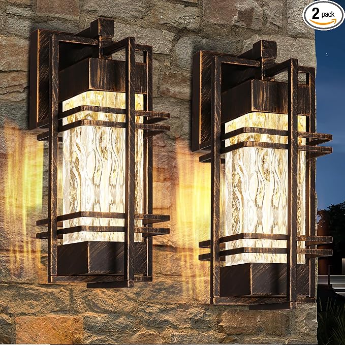 15" Outdoor Porch Light Fixtures Wall Mount, Lantern Lamp,Gold-swept Black | Water Ripple Glass, Rustproof Metal Frame, Waterproof,E26 Base, T30 Bulbs Included, Wall Lantern for Porch, Garage