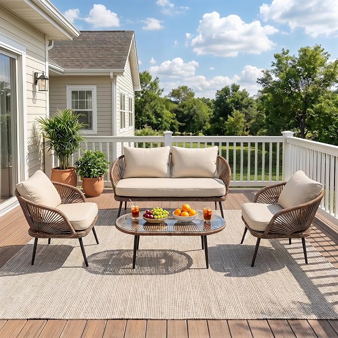 LITTLE TREE Wicker Patio Furniture Set with Coffee Table, 4 Piece Patio Sectional Furniture Set with Removable Cushions, Outdoor Conversation Set for Backyard, Garden, Porch, Balcony, Easy Assembly