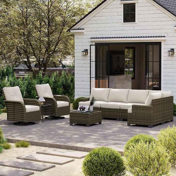 LazySunsets Luxury Patio Furniture Set，All-Weather Patio Sectional Sofas with Thickened Cushions, 9 Piece Outdoor Furniture Sectional Set with Swivel Rocker Chairs of 2，Beige