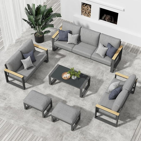 Aluminum Outdoor Patio Furniture Set with Height-adjustable Footrest for Lawn Porches Patio, 7 Piece All-weather Patio Sofa Sets with Coffee Table & Ottomans, Outdoor Patio Conversation set, Grey