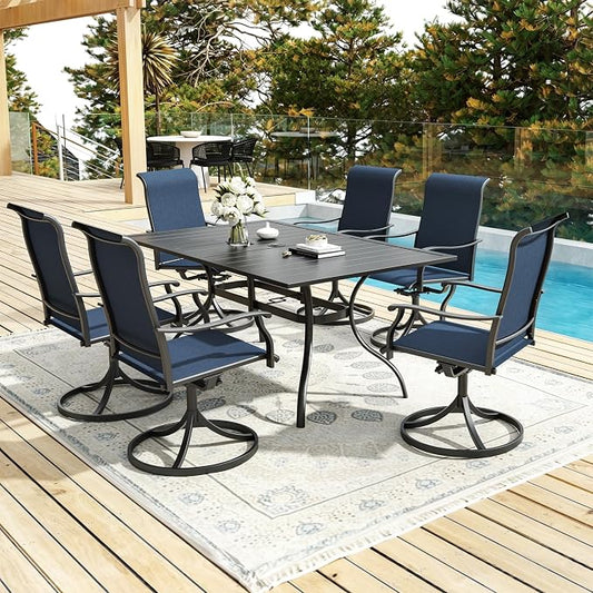 Anmutig 7 PCS Patio Dining Set, Rectangle Metal Table with 1.57" Umbrella Hole and 6 High Back Textilene Swivel Chairs, Suitable for All Weather Blue