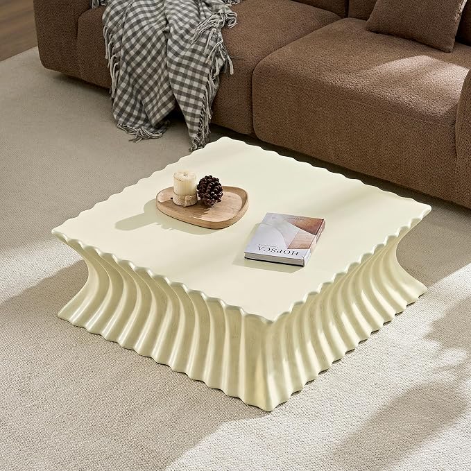35.43'' Square Coffee Table Faux Stone Coffee Table for Living Room Modern Faux Marble Coffee Tables for Indoor Outdoor Square Center Tables No Assembly, Beige